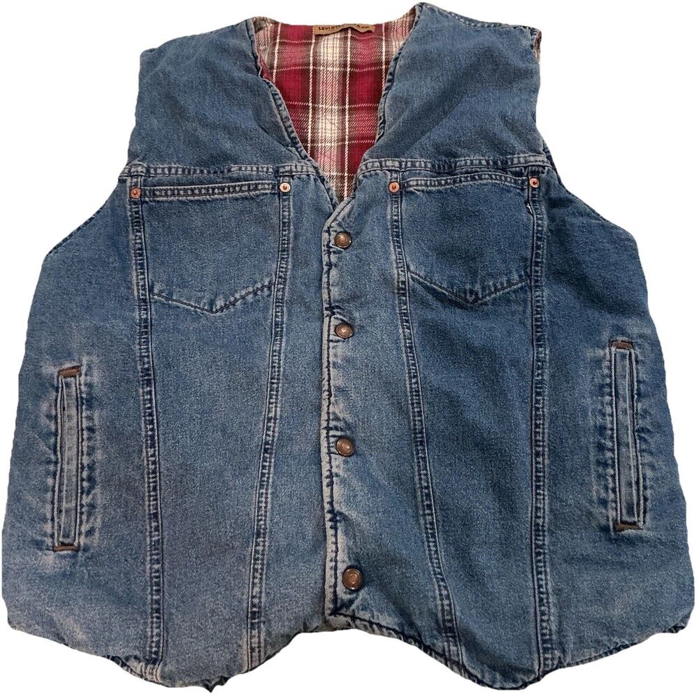 Vintage Levi Strauss Denim Sherpa Lined Vest Plaid Reversible Snap Front USA Men